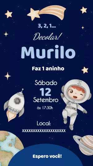 Convite Aniversário Astronauta no Espaço para Editar Online