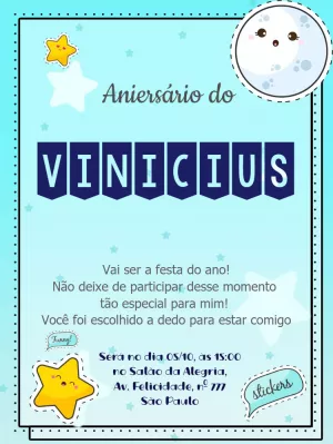 Convite de Aniversário Estrelas e Lua Azul para Editar Online