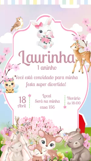 Convite Aniversário Bosque Encantado Menina para Editar Online