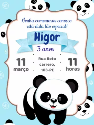Convite de Aniversário Tema Panda para Editar Online