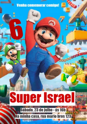 Convite de Aniversário Super Mario com Personagens para Editar