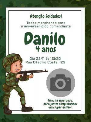 Convite Aniversário Soldado com Foto para Editar Online