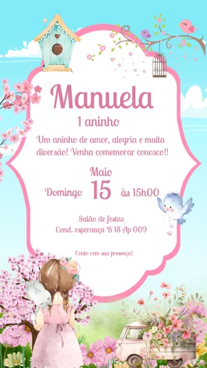 Convite Aniversário Jardim Encantado com Menina para Editar