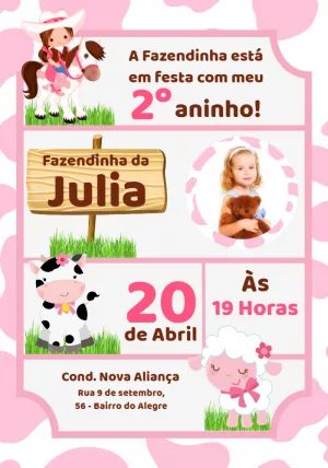 Convite Aniversário Fazendinha Rosa com Foto para Editar Online