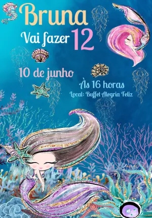 Convite Aniversário Sereia Glitter para Editar Online