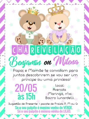 Convite Chá Revelação Ursinhos Realeza para Editar Online