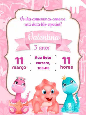 Convite Aniversário Dinossauro Baby Menina para Editar Online