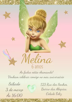 Convite de Aniversário Tinker Bell Dourado para Editar
