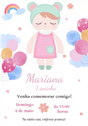 Convite de Aniversário Boneca Fofa para Editar Online