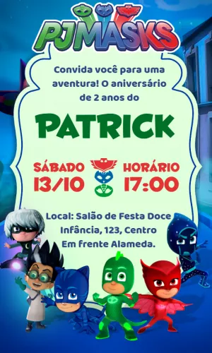 Convite Aniversário Pj Masks com Heróis para Editar Online