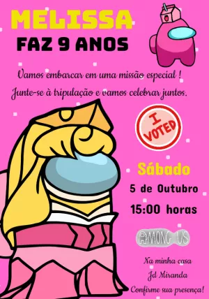 Convite Aniversário Among Us Rosa para Editar Online