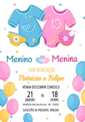Convite Chá Revelação com Roupinhas de Bebê para Editar Online