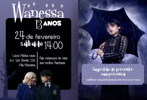 Convite de Aniversário Wandinha Addams para Editar Online