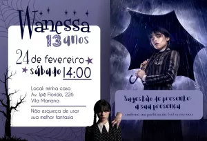 Convite de Aniversário Wandinha Addams para Editar Online