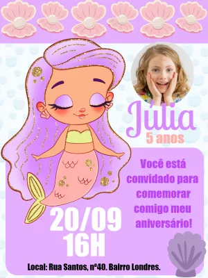 Convite de Aniversário Sereia com Foto para Editar Online