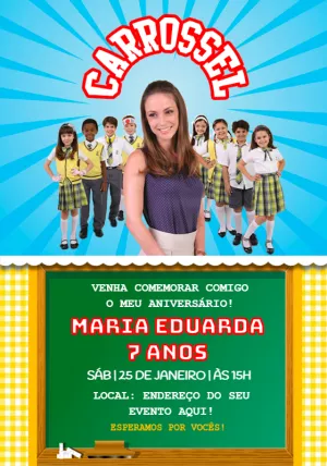 Convite de Aniversário Carrossel com Personagens para Editar