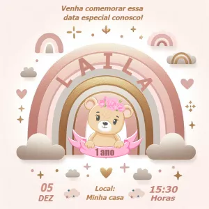 Convite Aniversário Ursinha Arco Íris Boho para Editar