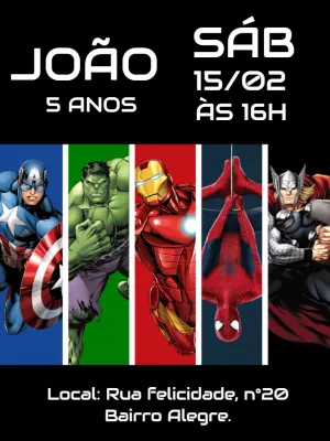 Convite Aniversário Vingadores com Heróis para Editar Online