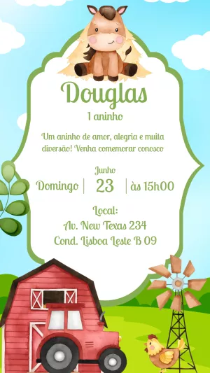 Convite Aniversário Fazendinha Aquarela para Editar Online