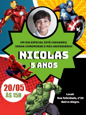Convite Aniversário Vingadores com Foto para Editar Online