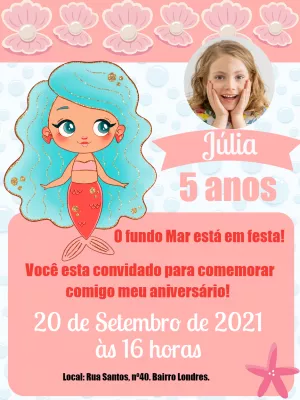 Convite de Aniversário Sereia com Foto para Editar Online