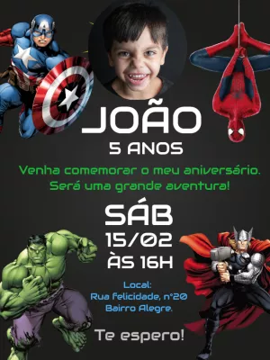 Convite de Aniversário Vingadores com Foto para Editar Online