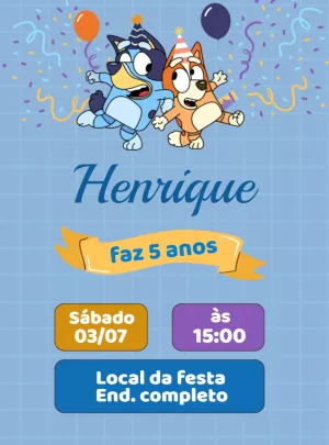 Convite Aniversário Bluey e Bingo para Editar Online