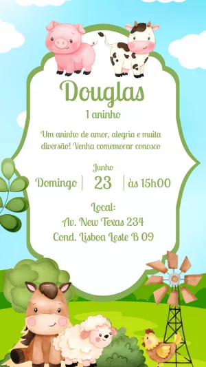 Convite Aniversário Fazendinha com Animais para Editar Online