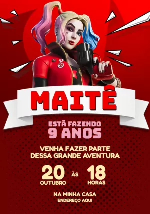 Convite de Aniversário Arlequina Fortnite para Editar Online