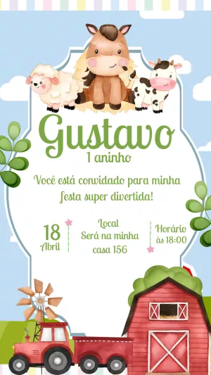 Convite Aniversário Fazendinha Aquarela para Editar Online