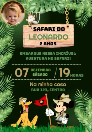 Convite Aniversário Mickey Safari com Foto para Editar Online