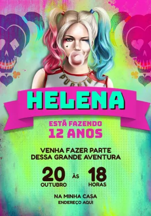 Convite Aniversário Tema Arlequina para Editar e Enviar Online