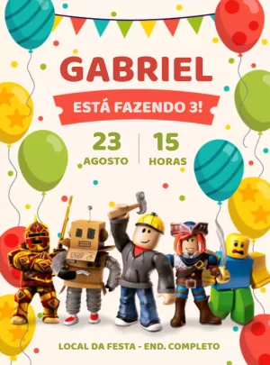 Convite de Aniversário Roblox com Personagens para Editar