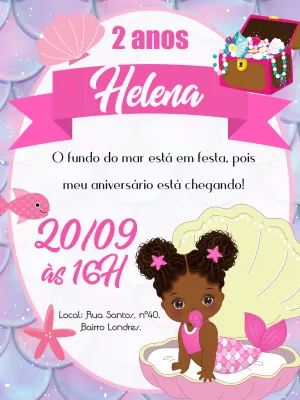 Convite de Aniversário Sereia Negra para Editar Online