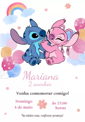 Convite de Aniversário Stitch e Angel para Editar Online