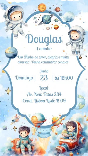 Convite de Aniversário Astronauta Fofo para Editar Online