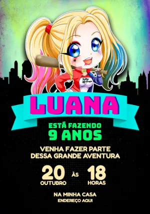 Convite Aniversário Arlequina Editável para Personalizar Online