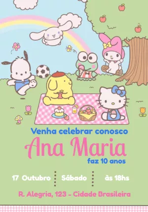 Convite Aniversário Hello Kitty e Amigos para Editar Online