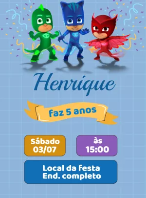 Convite Aniversário PJ Masks com Heróis para Editar Online