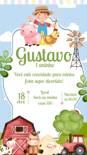 Convite Aniversário Fazendinha com Animais para Editar Online