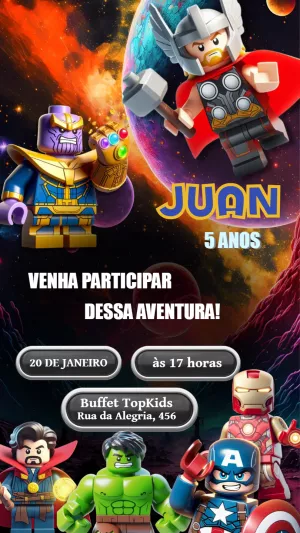 Convite Aniversário Lego Marvel Vingadores para Editar Online