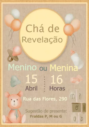 Convite Chá de Revelação Ursinho para Editar Online