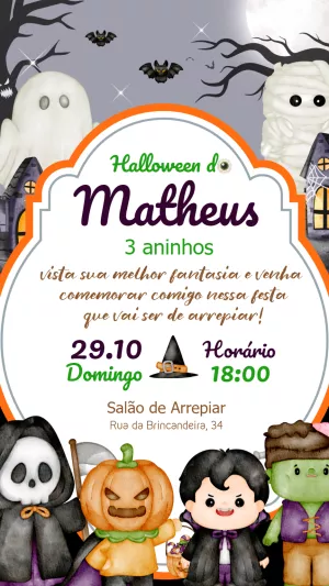 Convite de Aniversário Halloween com Monstros para Editar Online
