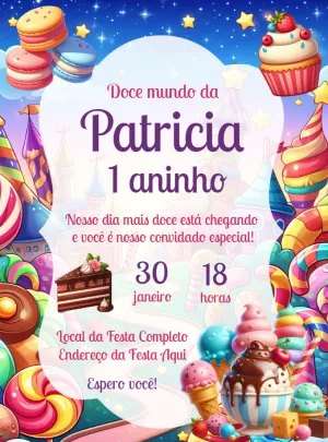 Convite Aniversário Mundo Doce para Editar Online