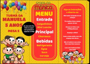 Menu de Aniversário Turma da Mônica para Editar e Imprimir