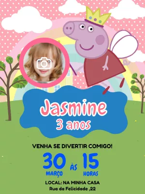 Convite Aniversário Peppa Pig Fada com Foto para Editar Online