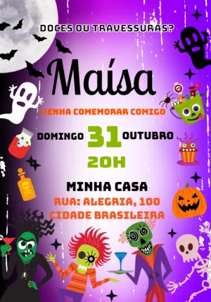 Convite Aniversário Halloween com Monstros para Editar Online
