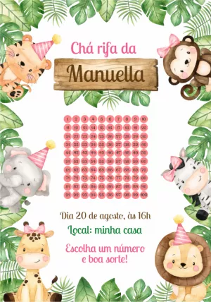 Convite Chá Rifa Safari com Animais Fofos para Editar Online