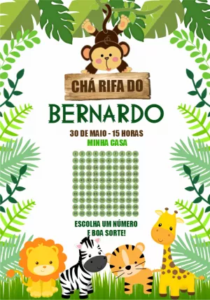 Convite Chá Rifa Safari com Animais para Editar Online