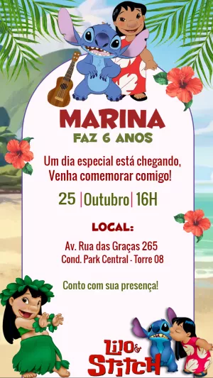 Convite de Aniversário Lilo & Stitch para Editar Online